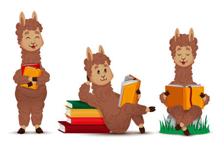 Llama alpaca reads a book, a set of isolated animal figures. Vector illustration in cartoon, flat styleのイラスト素材