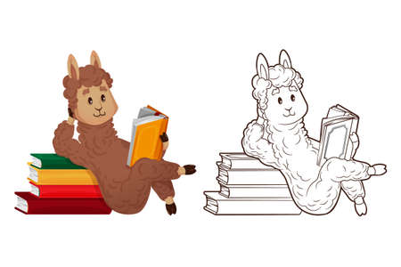 Coloring book, cute lama is reading lying down, leaning on a stack of books. Vector illustration in cartoon style, line art, flatのイラスト素材