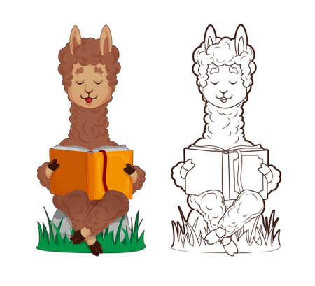 Coloring book, cute lama is reading lying down, leaning on a stack of books. Vector ,illustration in cartoon style, line art, flatのイラスト素材