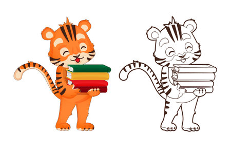 Coloring book: tiger cub holds a book in his hand. Vector, illustration in cartoon style, black and white lineartのイラスト素材