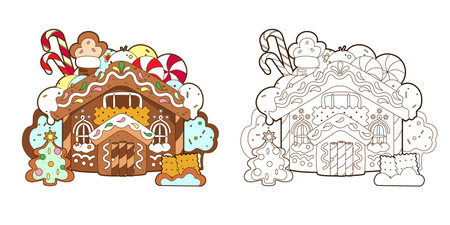 Coloring page with gingerbread house, Christmas candies and new year gingerbread tree, vector ,illustration in cartoon style, black and white line art for kidsのイラスト素材