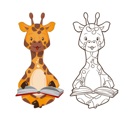 Coloring book, little giraffe is reading a book. Vector illustration in cartoon style, line artのイラスト素材