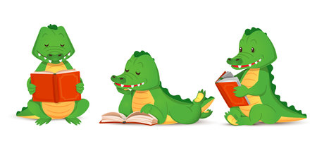 Cute green crocodile reads an interesting book, set of isolated animal alligator figurines. Vector illustration in cartoon styleのイラスト素材