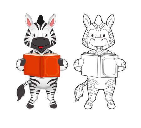 Coloring book. Cute striped zebra reading an interesting book. Vector illustration in cartoon flat style black and white line artのイラスト素材