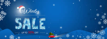 Winter sale poster, banner with swirling snowflakes on a dark blue background. Vectorのイラスト素材