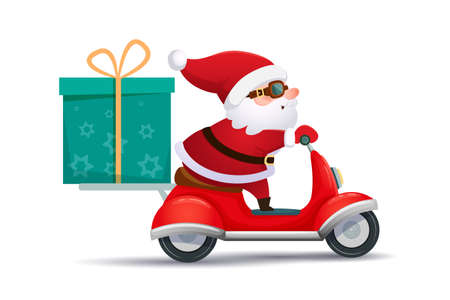Cute Santa Claus on a scooter carries a large gift box tied with a ribbon. Christmas banner, greeting card. Isolated vector illustration ,cartoon style.のイラスト素材