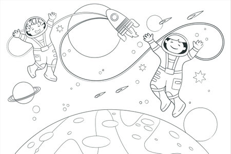 Coloring book two young astronauts fly in space against the background of stars and planets. Vector illustration in cartoon style, black and white line artのイラスト素材