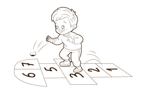 The boy playing Hopskotch, jumps on one leg while . Coloring book. Vector illustration , cartoon style, black and white line artのイラスト素材