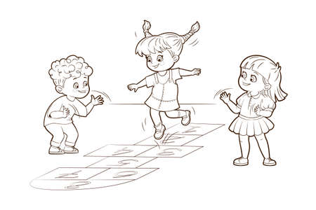 Coloring book two girls and a boy are jumping playing hopscotch. Vector illustration in cartoon style, black and white linesのイラスト素材