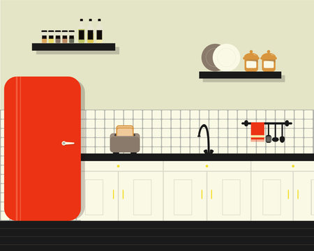 Retro kitchen design flatのイラスト素材