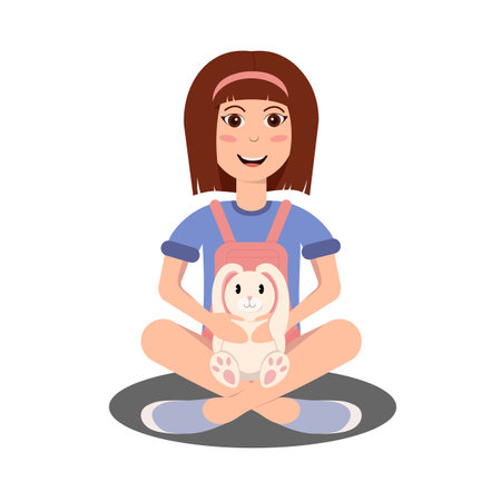 Child with toy flat. A girl with a toy rabbit in her hands is sitting on the grass. Vector illustrationのイラスト素材