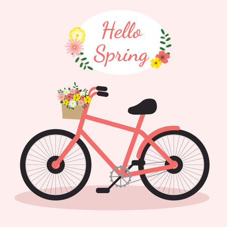 Hello spring card. Postcard cute bicycle and flowers on pink background. Vector illustrationのイラスト素材