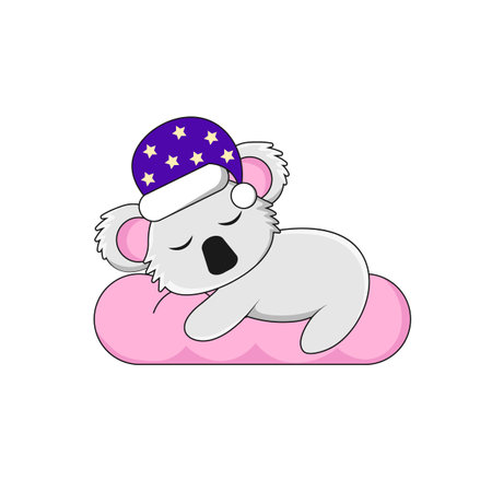 Koala character cartoon. A cartoon koala sleeps on a cloud in a cap with stars. Vector illustrationのイラスト素材