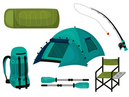 Camping hiking items set flat. Fishing set. Travel elements collection. Summer travel stuff. Tent, sleeping bag, camping chair, fishing rod, paddles, hiking backpack. Vector illustrationのイラスト素材