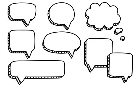 Frame textbox doodle hand drawn. Set of black and white speech bubble in doodle style on white background. Vector illustrationのイラスト素材