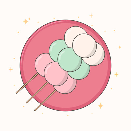 Kawaii japan traditional sanshoku dango on a plate. sweet dango. Traditional Japanese sweets. Asian food. stock vector illustration.のイラスト素材