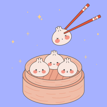 Cute dumplings in bamboo steamer. Kawaii dim sum. Asian Traditional Cuisine. Stock vector illustration in cartoon flat styleのイラスト素材