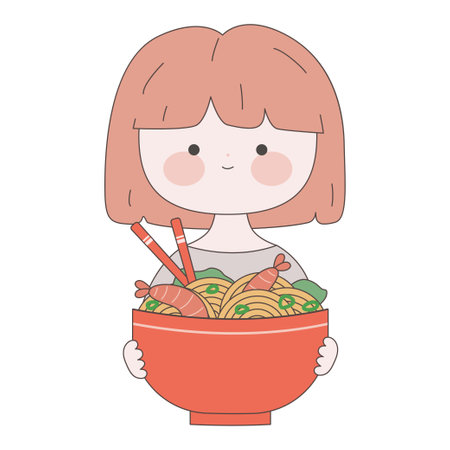 Cute girl with a plate of ramen. Kawaii Japanese food illustration. Traditional Japanese noodle. Asian food. stock vector illustrationのイラスト素材