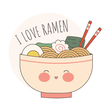 I love ramen. Traditional Asian food. Japanese noodle.Kawaii Stock vector illustrationのイラスト素材