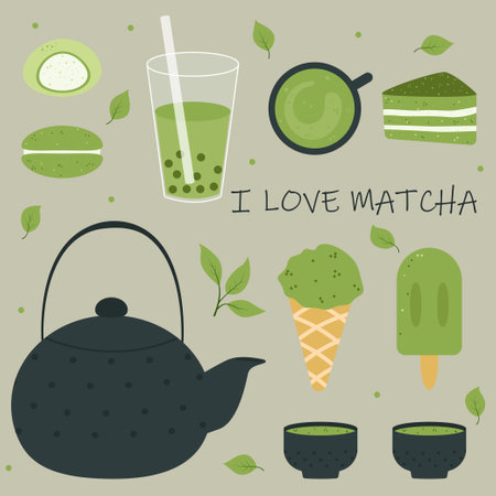Set of different tasty matcha food illustration. Various matcha tea products. Mochi, macarons, tea pot, pie, tea leaves, icecream, bubble tea. stock vector illustrationのイラスト素材