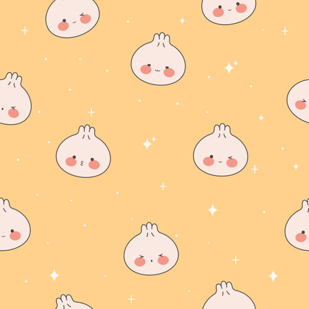 Pattern with kawaii dumplings. Cute dim sum with different emotions. Traditional Chinese food. Stock vector flat illustrationのイラスト素材