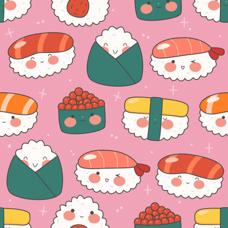 Cute endless pattern with sushi, rolls and gunkans. Kawaii ornament with traditional Japanese food. Asian food. stock vector illustration.のイラスト素材