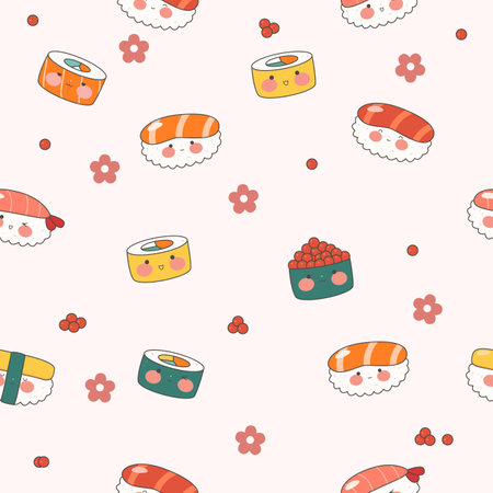 Cute endless pattern with sushi, rolls and gunkans. Kawaii ornament with traditional Japanese food. Asian food. stock vector illustration.のイラスト素材