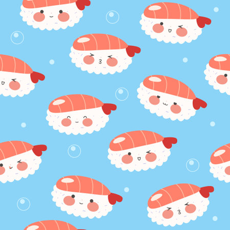 Cute endless pattern with sushi, rolls and gunkans. Kawaii ornament with traditional Japanese food. Asian food. stock vector illustration.のイラスト素材