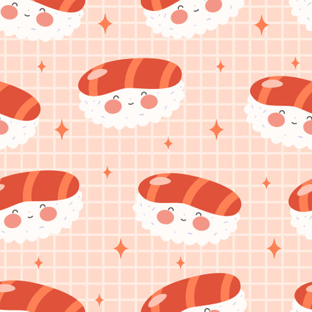 Cute endless pattern with sushi, rolls and gunkans. Kawaii ornament with traditional Japanese food. Asian food. stock vector illustration.のイラスト素材