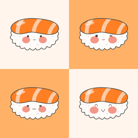 Cute endless pattern with sushi, rolls and gunkans. Kawaii seamless pattern with traditional Japanese food. Asian food. stock vector illustration.のイラスト素材
