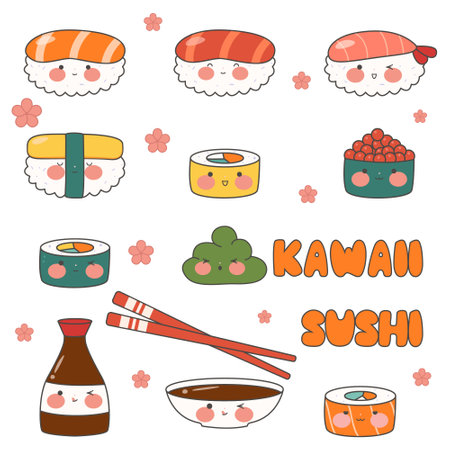 Cute endless pattern with sushi, rolls and gunkans. Kawaii ornament with traditional Japanese food. Asian food. stock vector illustration.のイラスト素材