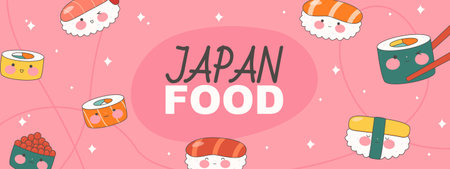 Banner with cute sushi. Kawaii traditional Japanese food. Cute Sushi set with smiling face and pink cheeks. Asian food. stock vector illustration.のイラスト素材