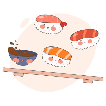Cute Sushi set with smiling face and pink cheeks. Sushi time. Kawaii rolls. Japanese traditional cuisine dishes. stock vector illustration.のイラスト素材