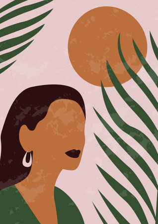 Abstract portrait illustration of woman with tropical leaves. Modern Boho style background for art print, poster, card, decor. stock vector illustrationのイラスト素材