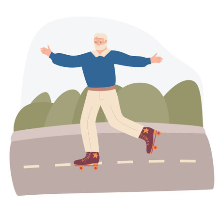 old man rollerblading in the park. Active old man. Extreme city sport, healthy lifestyle. Stock vector illustration in flat style.のイラスト素材