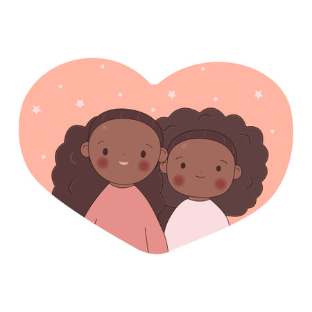 African American girls. Cute little sisters in heart. design. Stock vector illustration isolated on white background.のイラスト素材