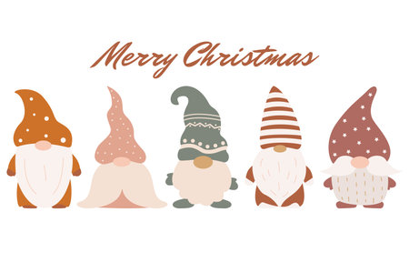 Set of cute Christmas gnomes. Little Santa Claus characters.Vector illustration in flat boho style. Nordic element design. Scandinavian christmas elves.のイラスト素材