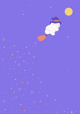 Kawaii rabbit flies on a broom to the moon. Cute bunny character on blue background. flat design. stock vector illustrationのイラスト素材