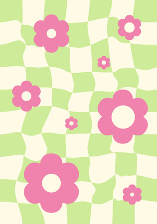 Hippie flowers and checkered background. Retro floral vector backgdrop. 1970 daisy flowers, trippy grid. Groovy print. Stock vector illustration.のイラスト素材
