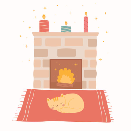 The cat lies on a rug near the fireplace. Cozy flat illustration. cute cat lying on blanketのイラスト素材