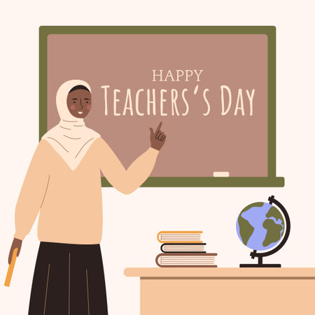 A teacher in a hijab near the blackboard.African american teacher.Variety in education. Stock vector illustration.のイラスト素材