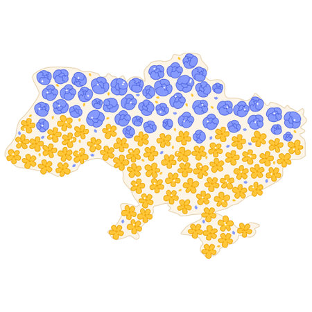 Map of Ukraine with yellow and blue flowers. Support for Ukraine. Cute patriotic flowers. Stock vector illustration.のイラスト素材