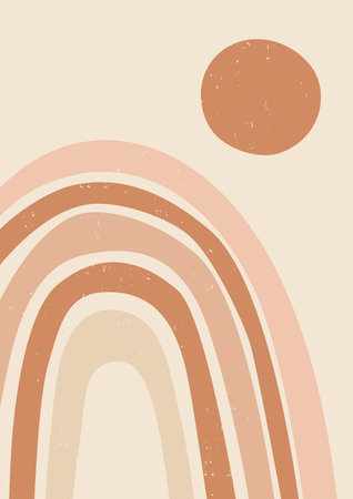 Modern abstract boho sunrise. Earth tones poster. Contemporary design for poster, banner,greeting card, flyer, social media post, story. Minimalist mid century styleのイラスト素材