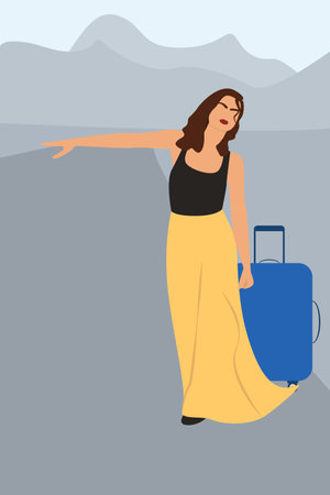 Young woman trying to catch car vector illustration. Girl standing on road with thumb up and hitchhiking auto flat style design. Adventure travelling concept. eps 10のイラスト素材