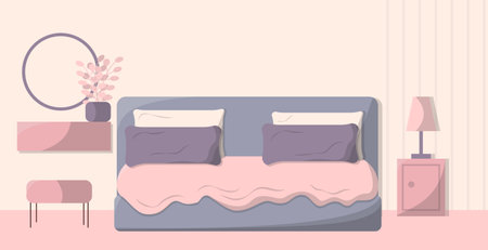 Bedroom interior vector illustration in flat style. Bed with pillows.のイラスト素材