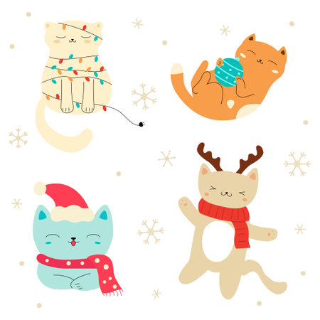 Collection of Christmas cats isolated on white background.  For winter New year and Christmas. Kitties in hats and scarfs. Stock vector illustrationのイラスト素材