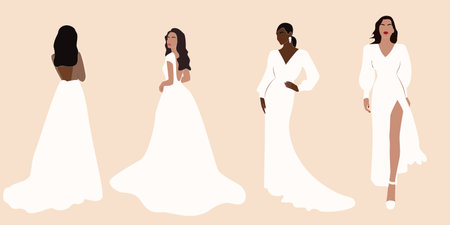 Set of abstract women portraits in wedding dresses in pastel colors.Fancy brides in trendy wedding dresses standing in various poses. Fashion look.のイラスト素材
