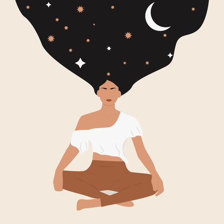 Woman sitting in yoga lotus pose.In the women's hair space, stars, moon.The concept of meditation, generation of ideas, communication with the cosmos. Flat vector illustration, epsのイラスト素材