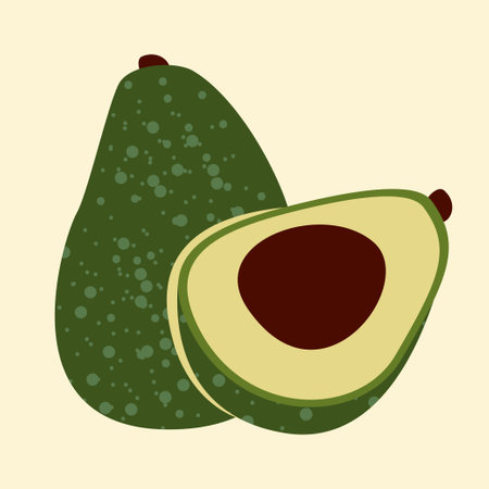 avocado vector illustration with half cut avocado. Vegetarian, vegan Healthy organic food.Whole and half cut juicy avocado.のイラスト素材