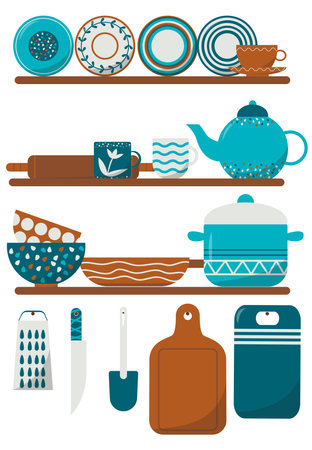 Kitchen interior in flat style with furniture. Blue and brown colors. Stock vector illustration, eps 10.のイラスト素材